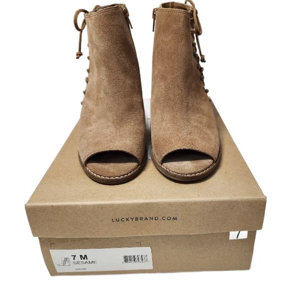 Lucky Brand Ankle  Booties Jaevin Sesam Suede Peep Toe Wedge Side Zip Size 7 - Picture 3 of 9
